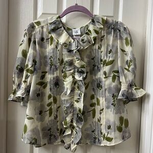 Cabi Cherish Blouse in cream, olive and grayish purple